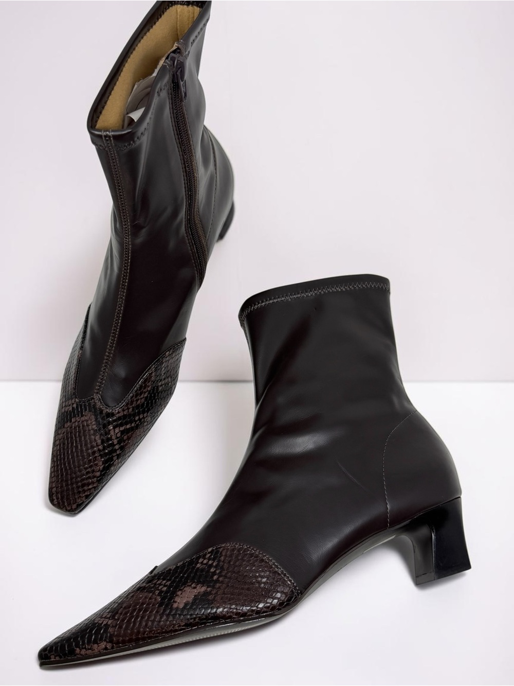 ✨ Anthropologie Maeve Pointed Toe Snakeskin Cap-Toe Stretch Ankle Booties ✨ - Picture 8 of 12